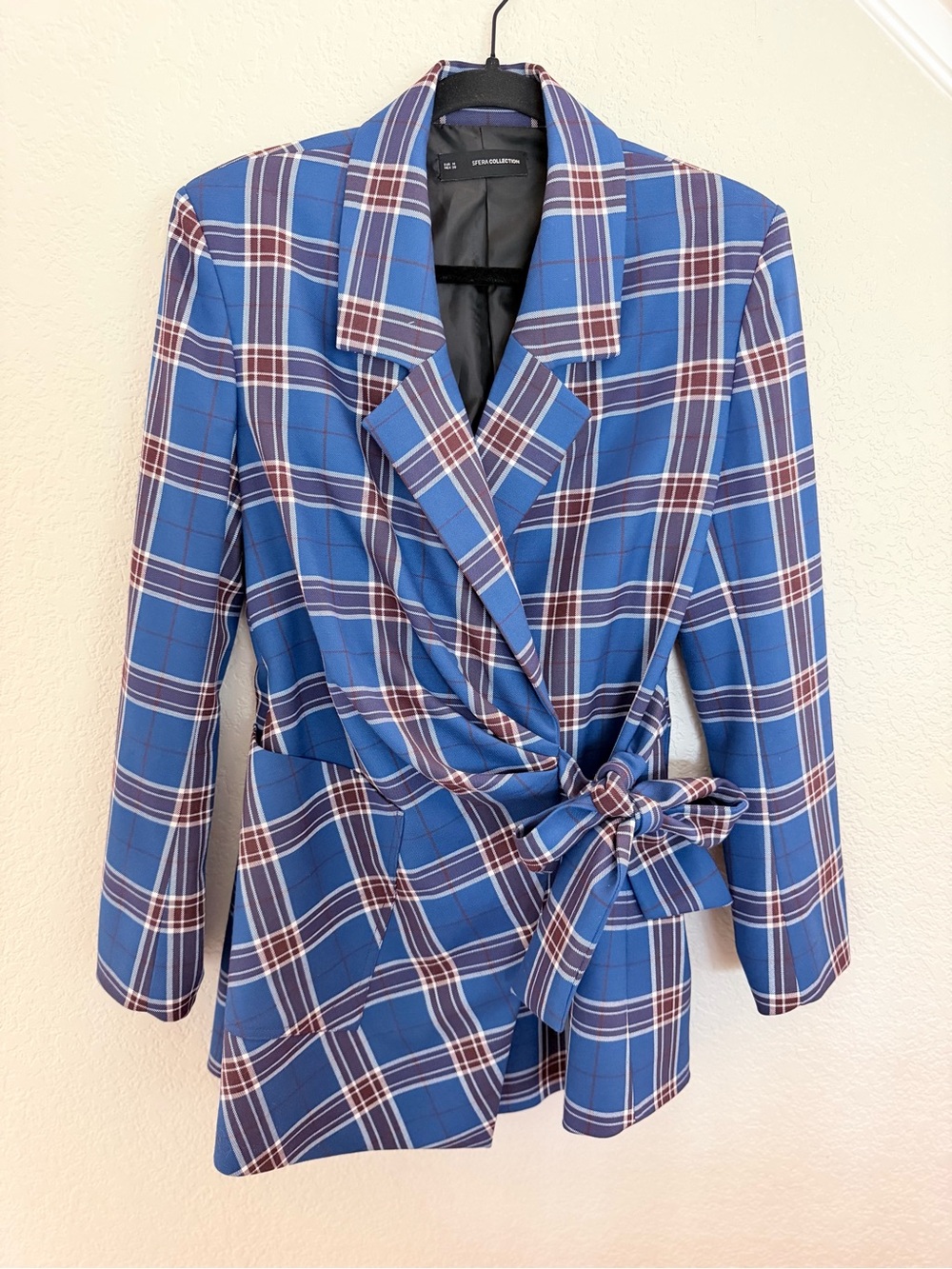 Sfera Collection Plaid Tie-Waist Wrap Blazer - Blue/Burgundy Plaid, Size M